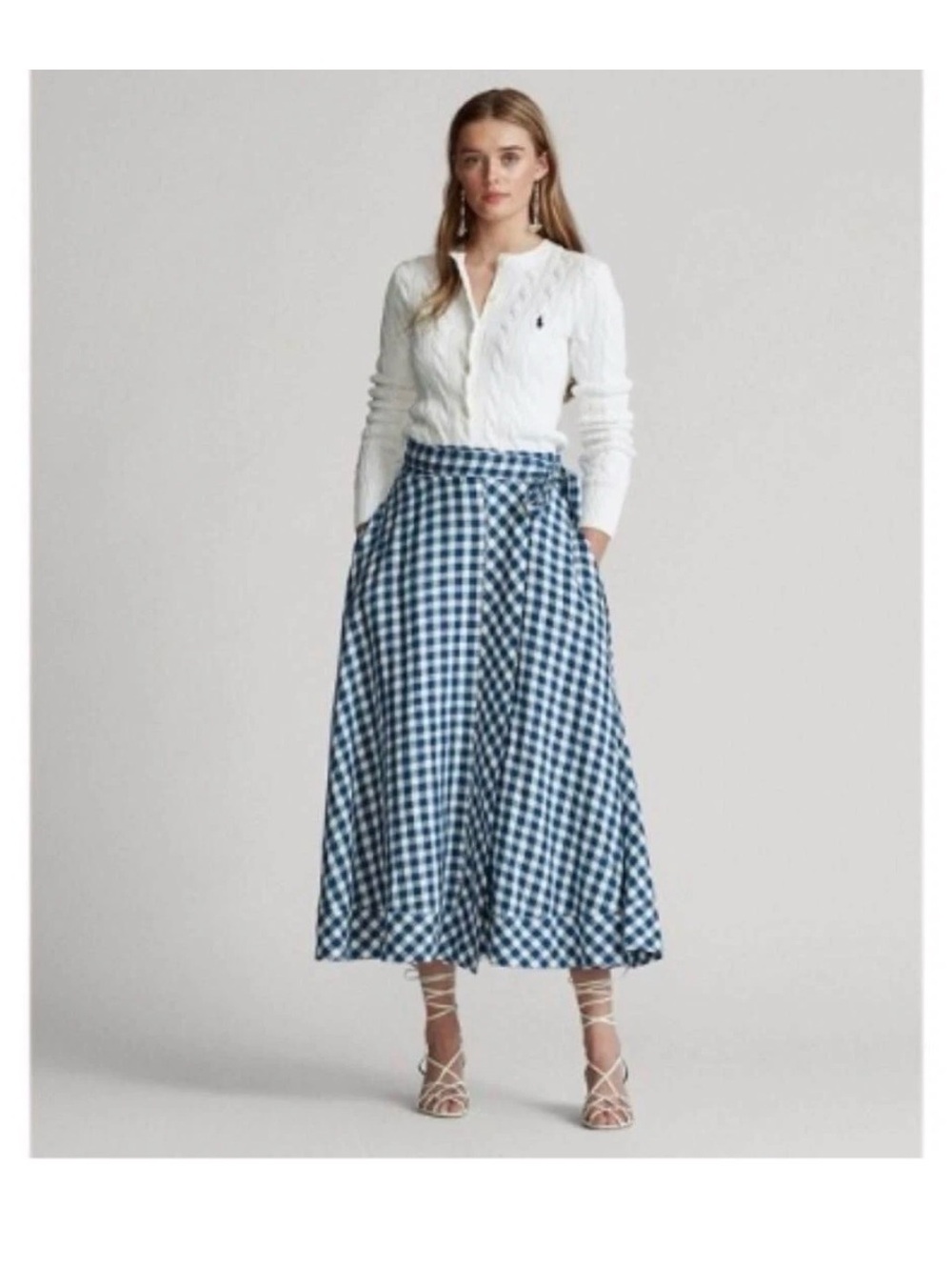 Polo by Ralph Lauren Blue and White Gingham Wrap Midi Skirt